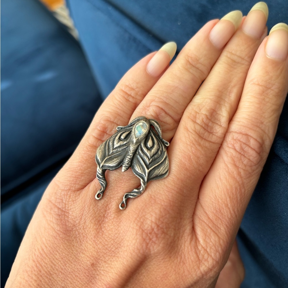 Bloodmilk Planchette Grief Moth Moonstone Ring - size 6